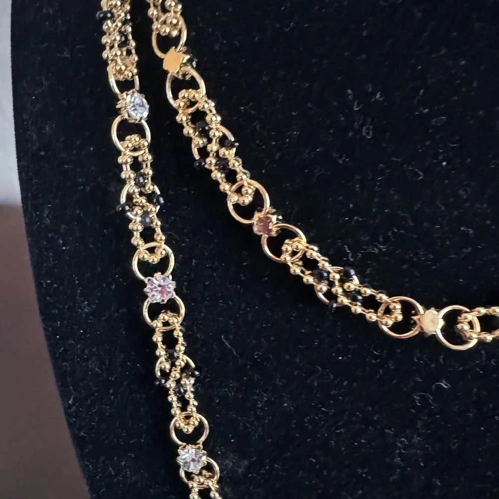 18KT GOLD PLATED CRYSTAL BLACK BEADED NECKLACE 24” - Picture 2 of 4